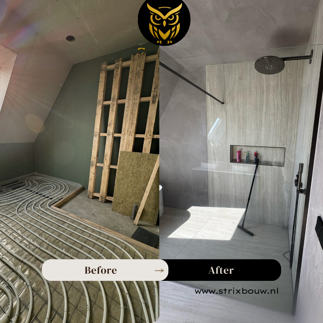Voor en na complete badkamerrenovatie in Groningen  door Strix Bouw